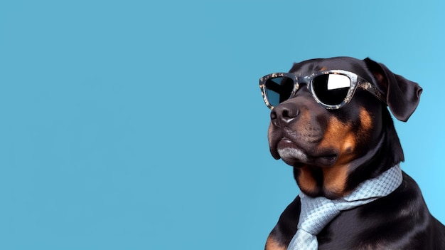 Photo of haughty Rottweiler wearing glasses and office suit on blue background