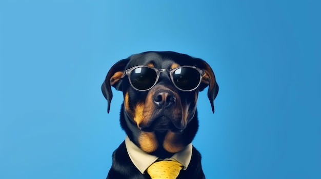 Photo of haughty Rottweiler wearing glasses and office suit on blue background