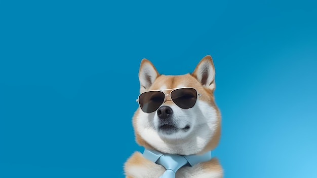 Photo of haughty Shiba inu wearing glasses and office suit on blue background