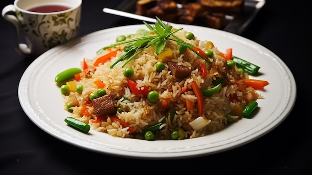 Photo of healthy and tasty vegetable rice and fried rice plates on the table