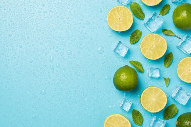 Photo above photo of heap of limes cubes of ice mint and drops isolated on the blue background with blank space