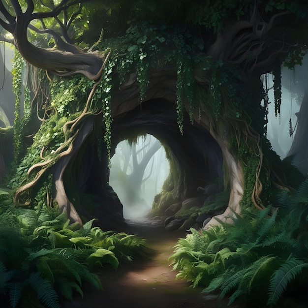 Photo of a hidden cave entrance in a misty forest behind a tapestry