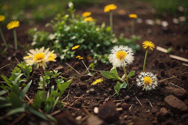 photo high angle closeup shot of common dandelions growing on the soil