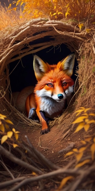 Photo photo high angle shot of a red fox in a forest covered in greenery under the lights