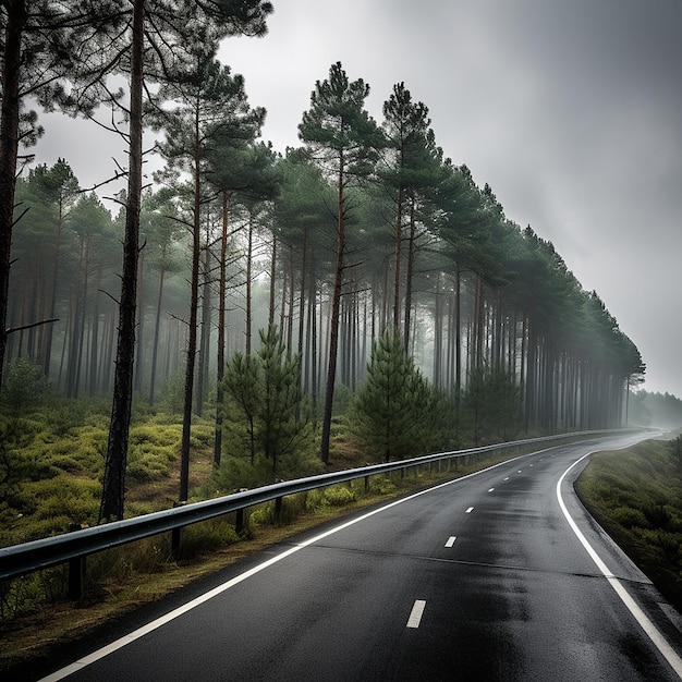 photo of the highway accompanied by pine trees on the side of the road