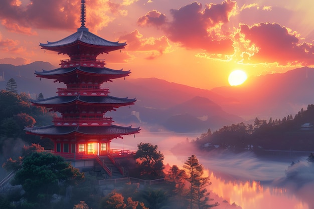 Photo of a hilltop temple at sunset