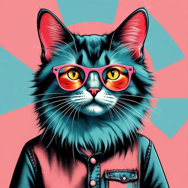 Photo hipster cute pop art cat illustration hand drawn