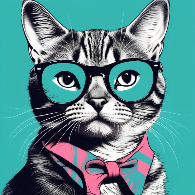 Photo hipster cute pop art cat illustration hand drawn