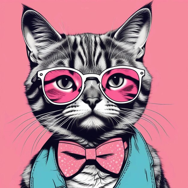 Photo hipster cute pop art cat illustration hand drawn