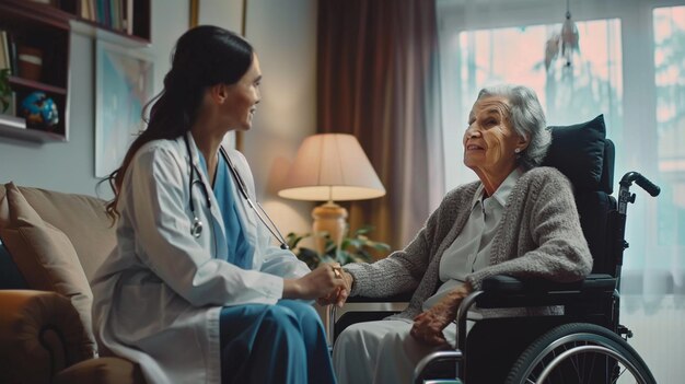 Photo of home health care care giver assistin nurse helping patient