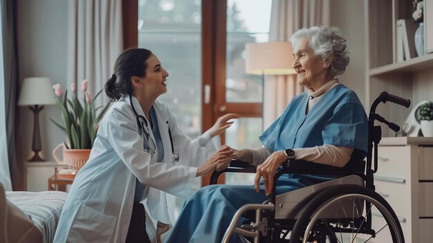 Photo of home health care care giver assistin nurse helping patient