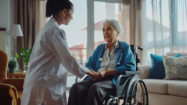 Photo of home health care care giver assistin nurse helping patient