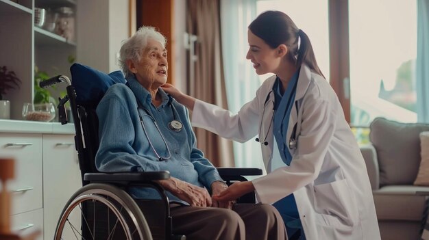 Photo of home health care care giver assistin nurse helping patient