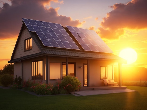 Photo home solar panels sunset time 3d illustration rendering