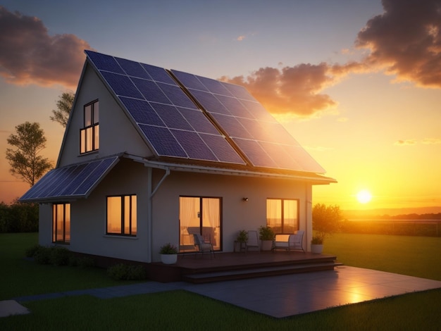 Photo home solar panels sunset time 3d illustration rendering