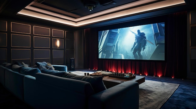 A photo of a home theater room with a projector