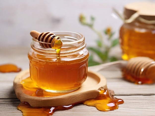 photo honey dripping from a dipper into a jar set against wooden tones