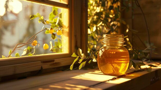 Photo a photo of a honey jar on a sunny windowsill