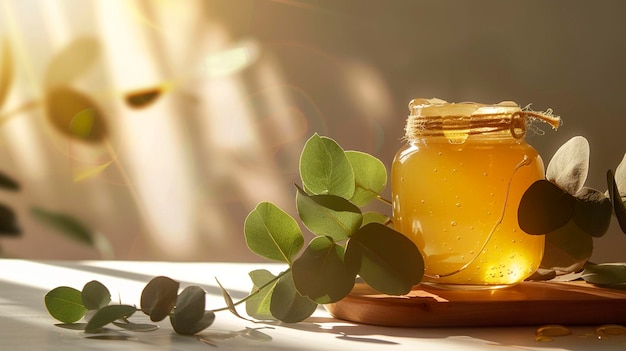 A photo of honey jar with eucalyptus leaves