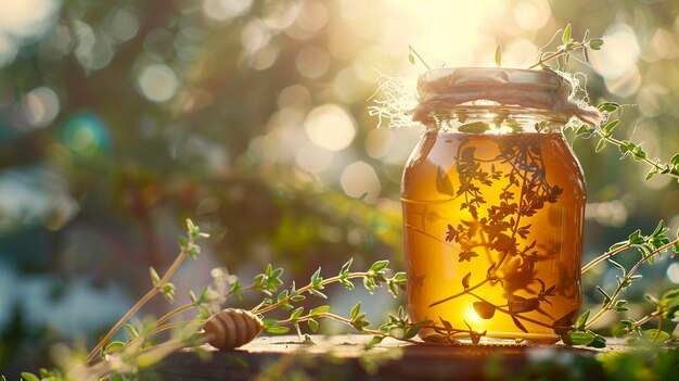 A photo of honey in a jar with thyme