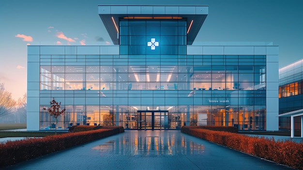 Photo photo of a hospital building with a blue logo on the roof against a sky background