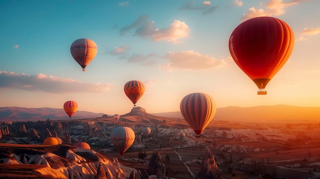 A photo of hot air balloons in golden hour