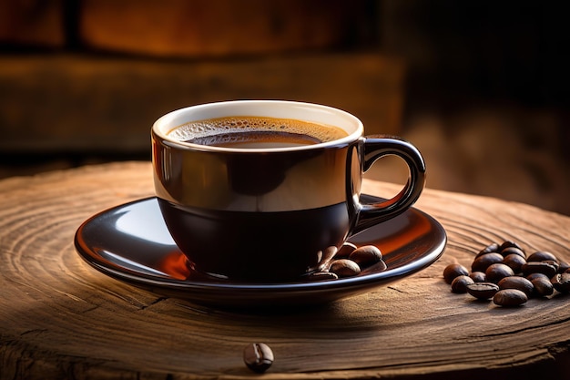 Photo hot black coffee with morning cool on wooden background