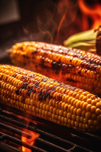 Photo hot delicious grilled corn with baked grains on open fire on grill grate