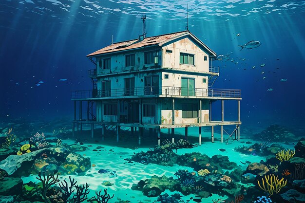 Photo photo house under water residential building at bottom of ocean sea