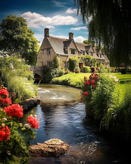 a photo of a house with a blue sky and green grass