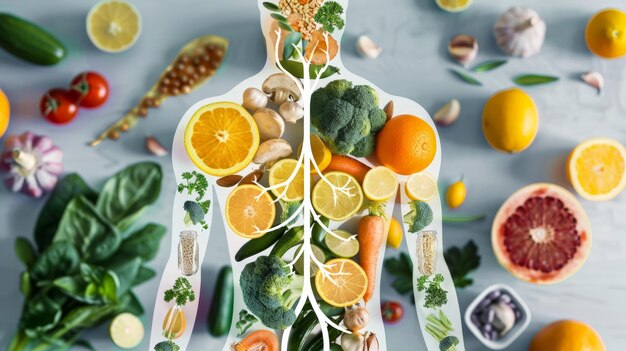 Photo photo of a human immune system outline packed with immuneboosting foods like citrus fruits and garlic