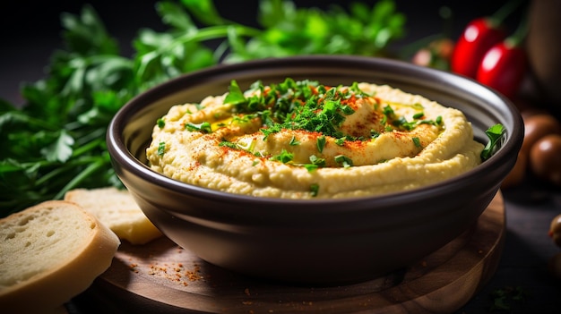 Photo hummus in a ceramic bowl on a light surface top view generated by AI