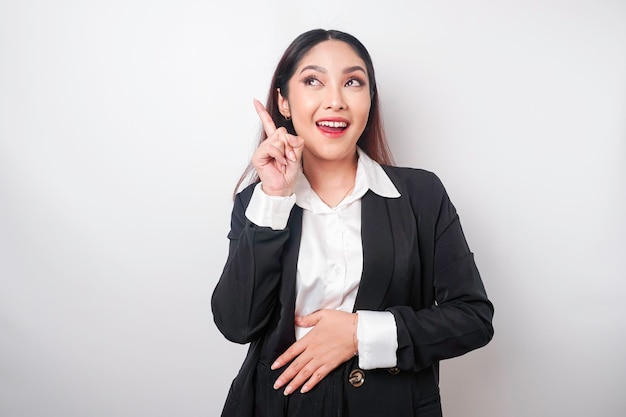 Photo of hungry excited young woman wondering about yummy food isolated on white color background