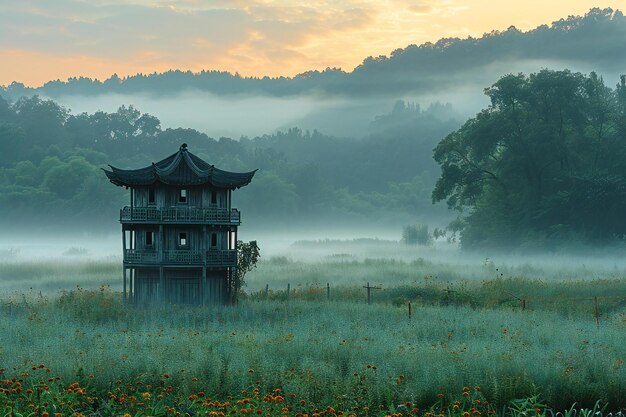 A photo of a hunting tower in the middle of an open field overlooking dense forest at sunrise with