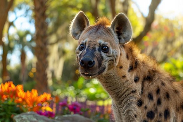 Photo of a hyena in an animal park looking at the camera with colorful flowers and trees behind it