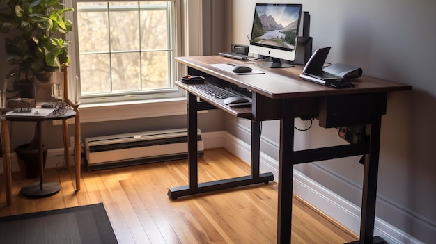 A Photo of a hyper detailed shot of a standing desk with a built in treadmill or exercise bike