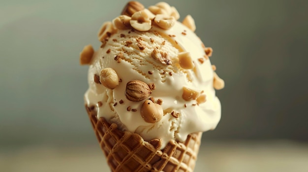 A photo of an ice cream cone with nuts