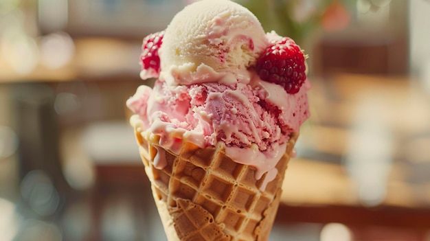 A photo of ice cream in a waffle cone