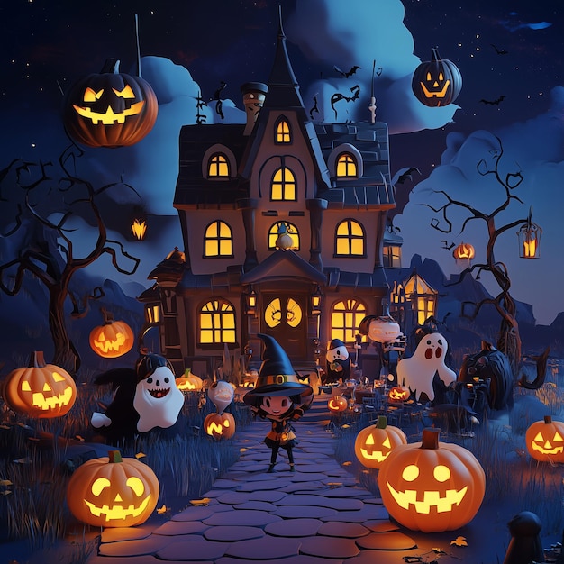 The photo Illustrate a 3D cartoon scene of a Halloween night in a cozy village