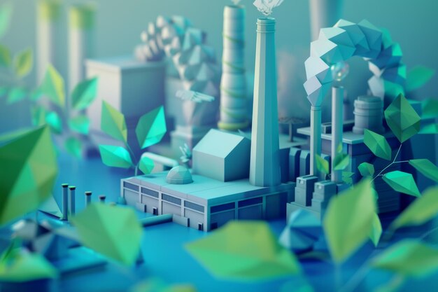 Photo photo illustrating a futuristic green industry concept featuring a factory and leaves in a glowing