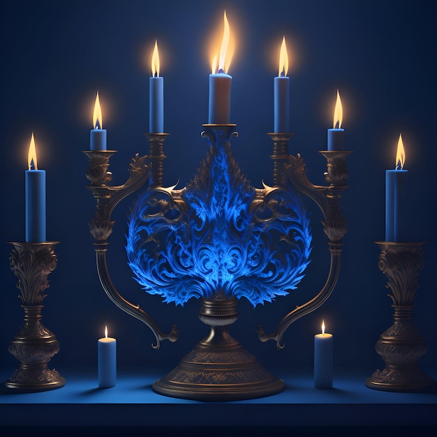 a photo illustration of blue menorah with blue burning candles Hanukkah celebration