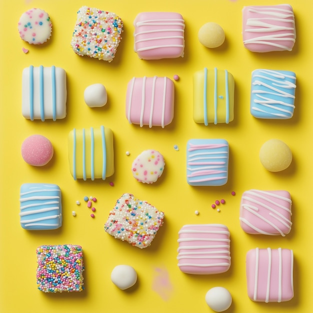 The photo illustration Lay out an assortment of pastel candies on colorful background