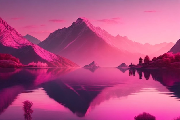 Photo Illustration Pink Sunset Over Mountains Lake