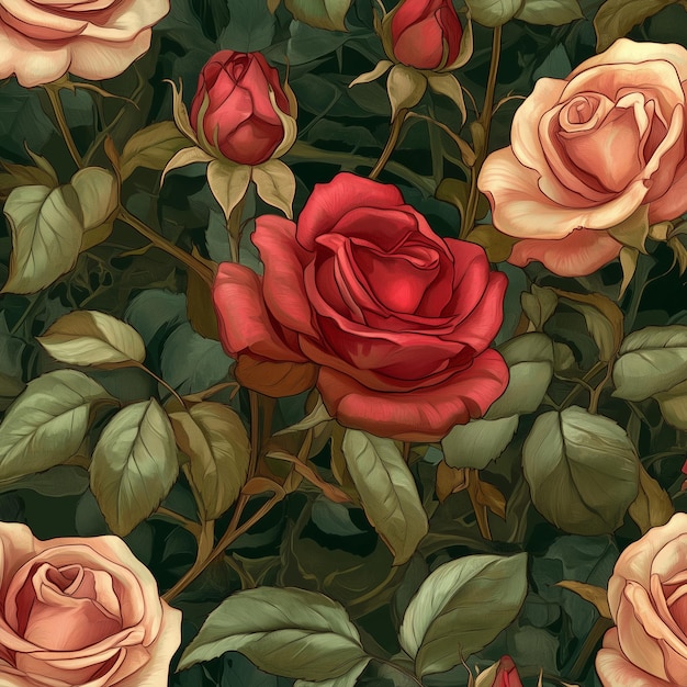 The photo illustration of seamless pattern of beautiful roses on the colorful background