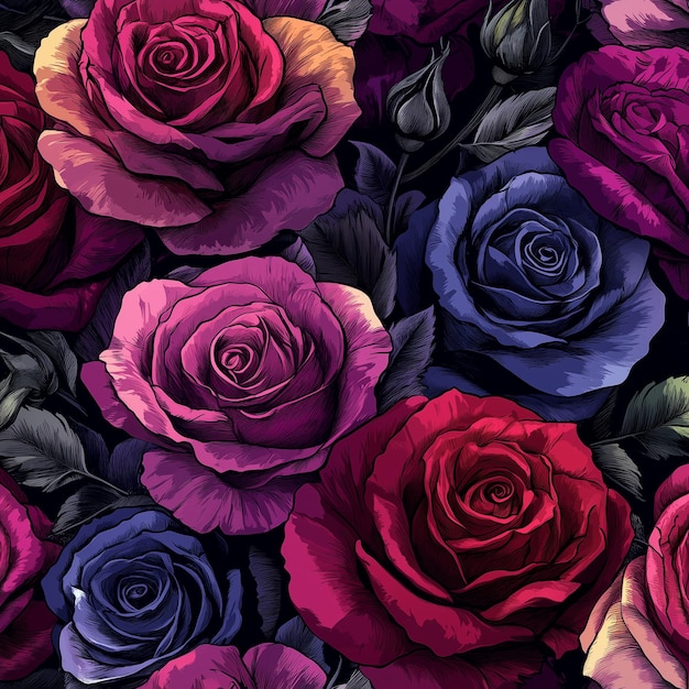 The photo illustration of seamless pattern of beautiful roses on the colorful background