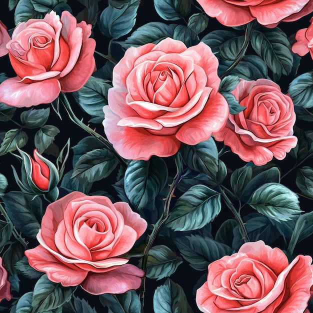 The photo illustration of seamless pattern of beautiful roses on the colorful background