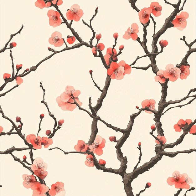 The photo illustration of seamless pattern plum blossoms in Japan on the colorful background