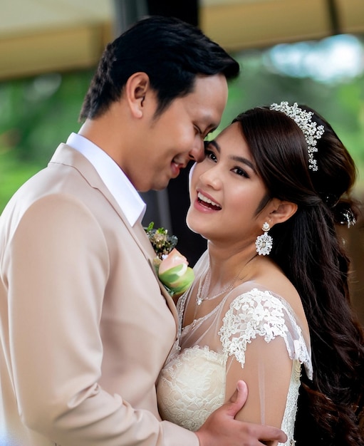 Photo image of young asian bride and groom in outdoor