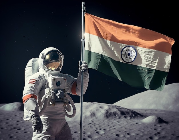 Photo indian independence day astronaut with indian flag on moon