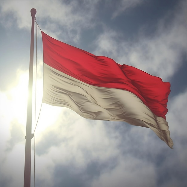 Photo indonesia flag under blue sky raising red and white flag